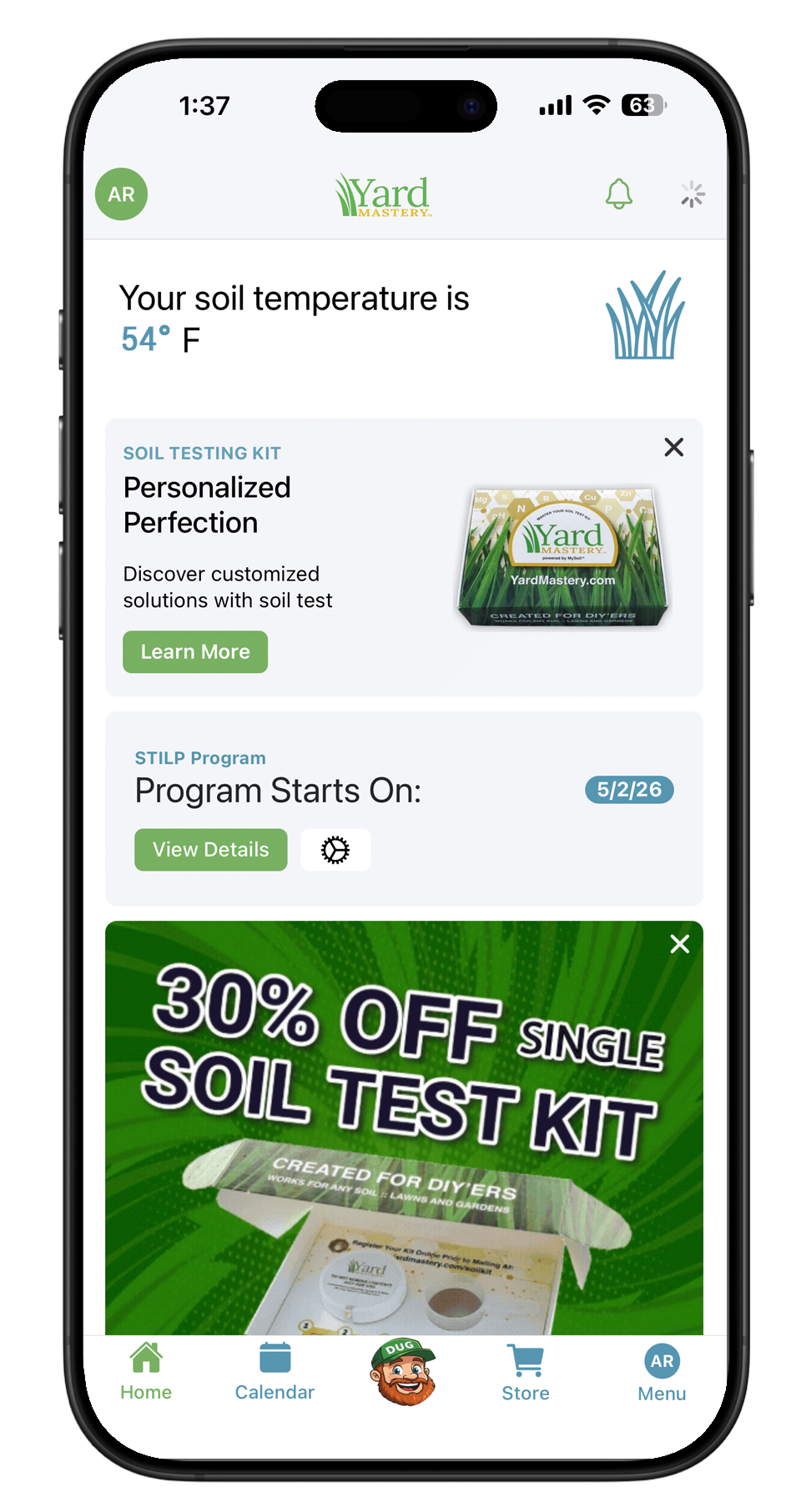 Yard Mastery app home screen on iPhone 16 showing a personalized lawn care plan with upcoming application steps and local soil temperature