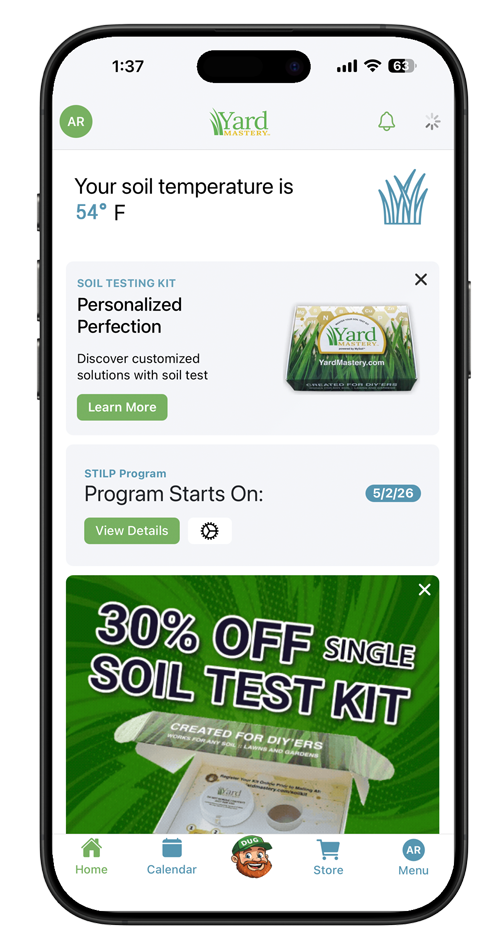 Yard Mastery app home screen showing soil temperature reading, soil test kit integration prompt, and program start date
