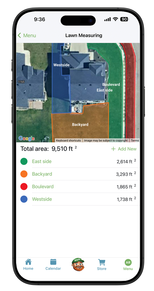 Yard Mastery app lawn measuring tool showing satellite view with color-coded lawn zones and square footage calculations