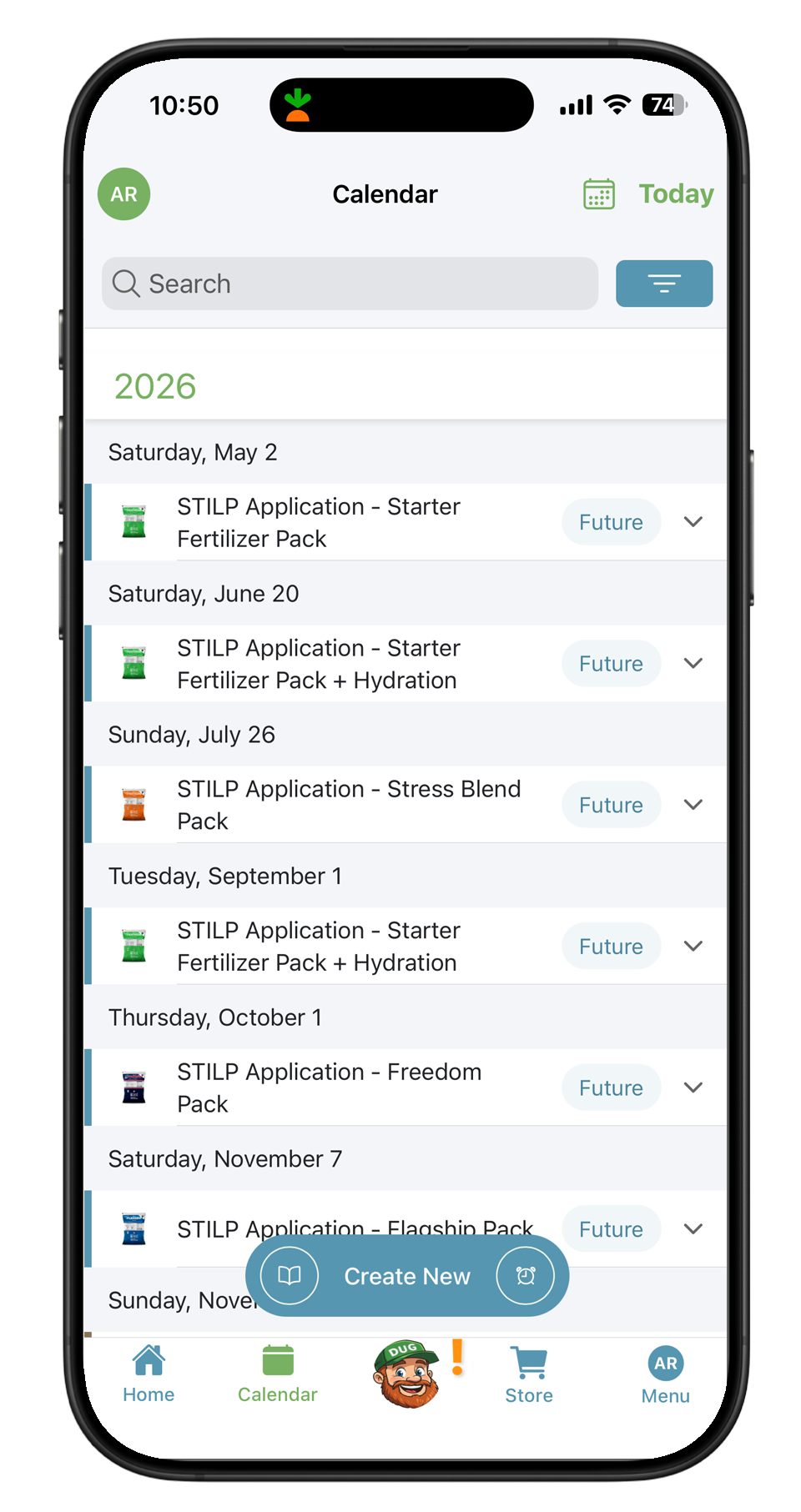 Yard Mastery app calendar view showing a custom STILP fertilizer program schedule built from soil test results