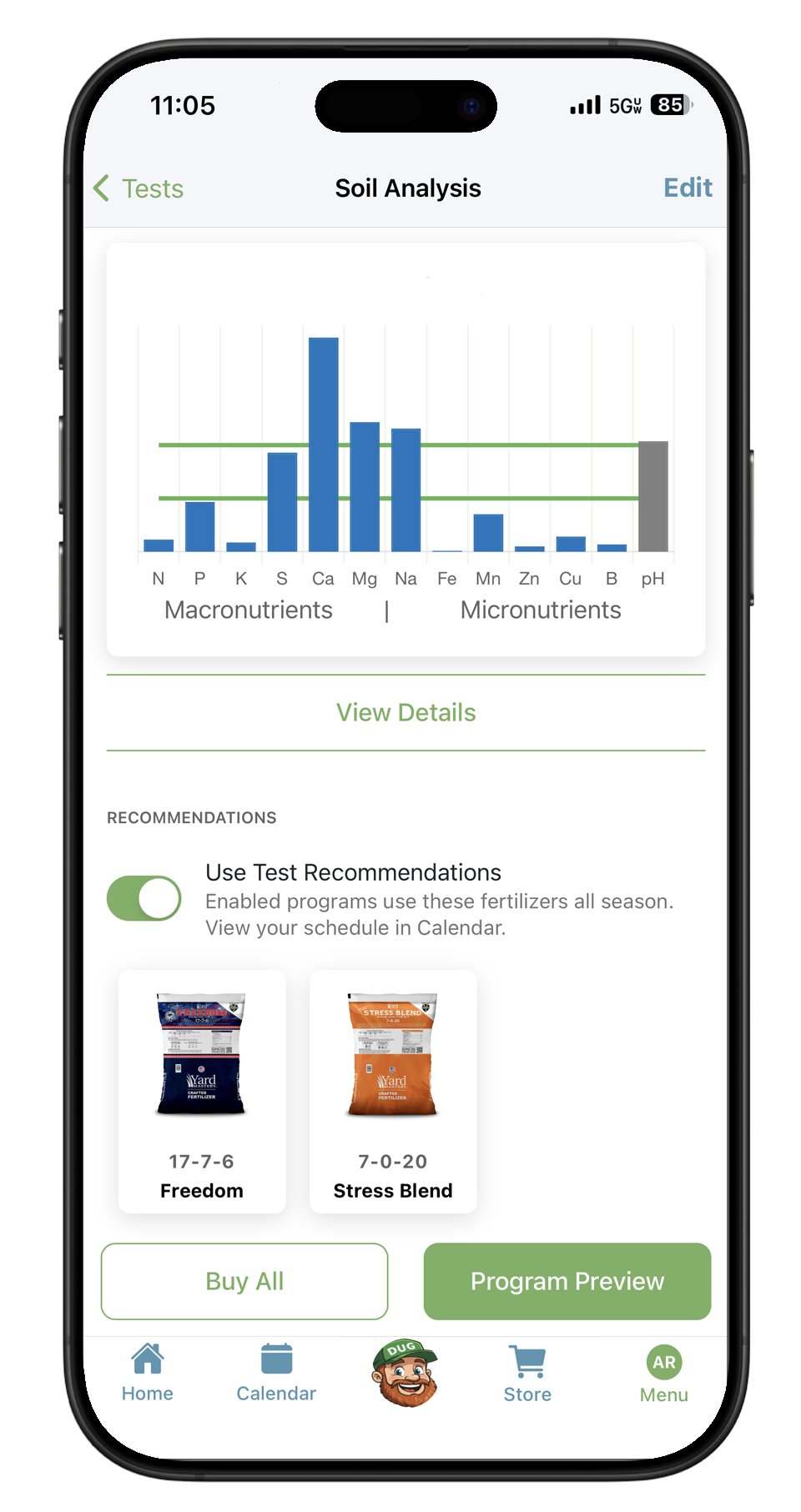 Yard Mastery app soil analysis screen showing macronutrient and micronutrient levels with color-coded results